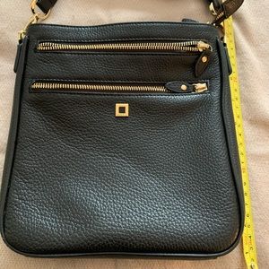 Lodis Leather Bag, slim with lots of zippered pockets, gold zipper trim